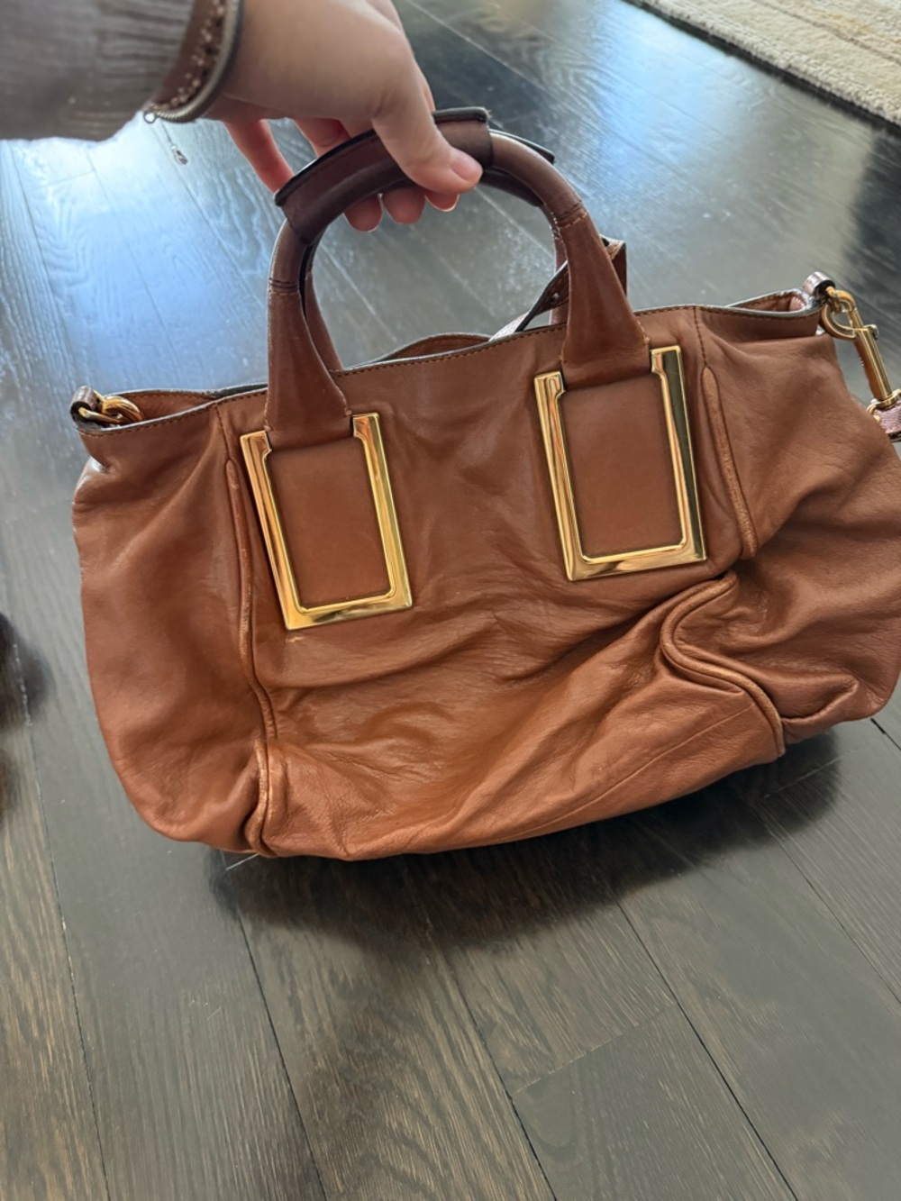 Chloé Brown Leather Hobo with Gold-Tone Rectangular Hardware